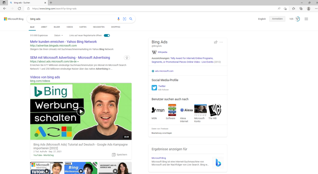 Microsoft Bing Suchergebnisse aus der Windows Suche