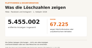 Grafik: MedienManager; Daten: Meta, Bericht zum EU-Verhaltenskodex gegen Desinformation, September 2026.“ Die Zahlen sind Angaben von Meta für das erste Halbjahr 2026.