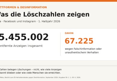 Grafik: MedienManager; Daten: Meta, Bericht zum EU-Verhaltenskodex gegen Desinformation, September 2026.“ Die Zahlen sind Angaben von Meta für das erste Halbjahr 2026.